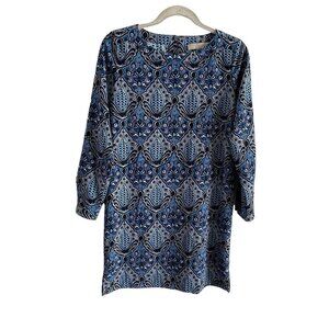 Ann Taylor Loft Women Petite SZ XS Dark Teal Multicolor Long Sleeve Shift Dress